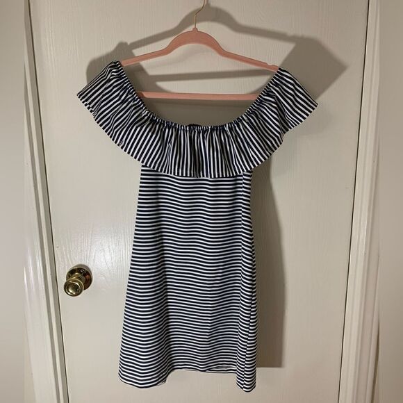 Sailor-Sailor EUC navy blue/white striped off the shoulder ruffle dress Size XS - Picture 1 of 5
